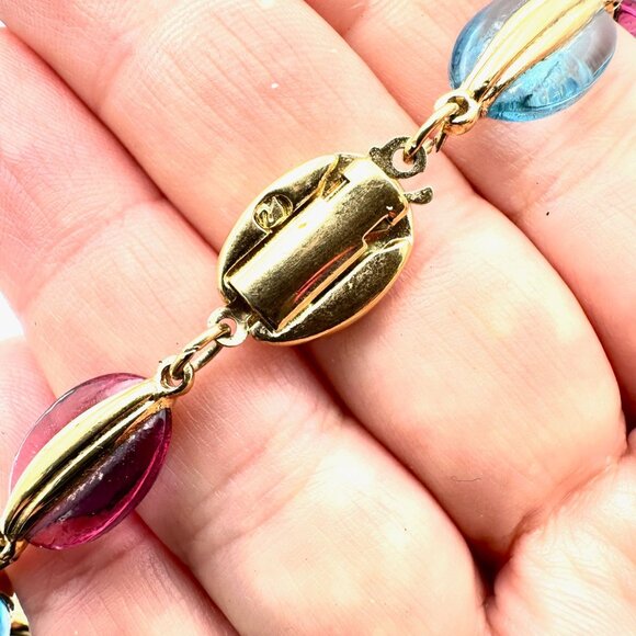 Swarovski Multicolor Crystal Necklace Gold Tone Swan Signed 22 Inch Pastel - Picture 4 of 4